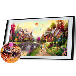 80x45cm coucher du soleil village en pierre - diamant rond complet - 80x45cm