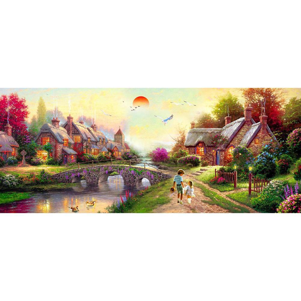 80x45cm coucher du soleil village en pierre - diamant rond complet - 80x45cm