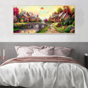 80x45cm coucher du soleil village en pierre - diamant rond complet - 80x45cm