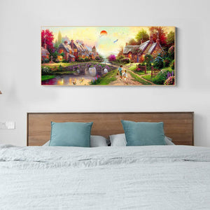 80x45cm coucher du soleil village en pierre - diamant rond complet - 80x45cm