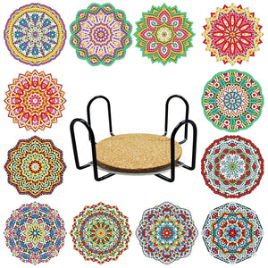 8pcs/set +1 rack de stockage-Mandala-Bois Diamond Coaster