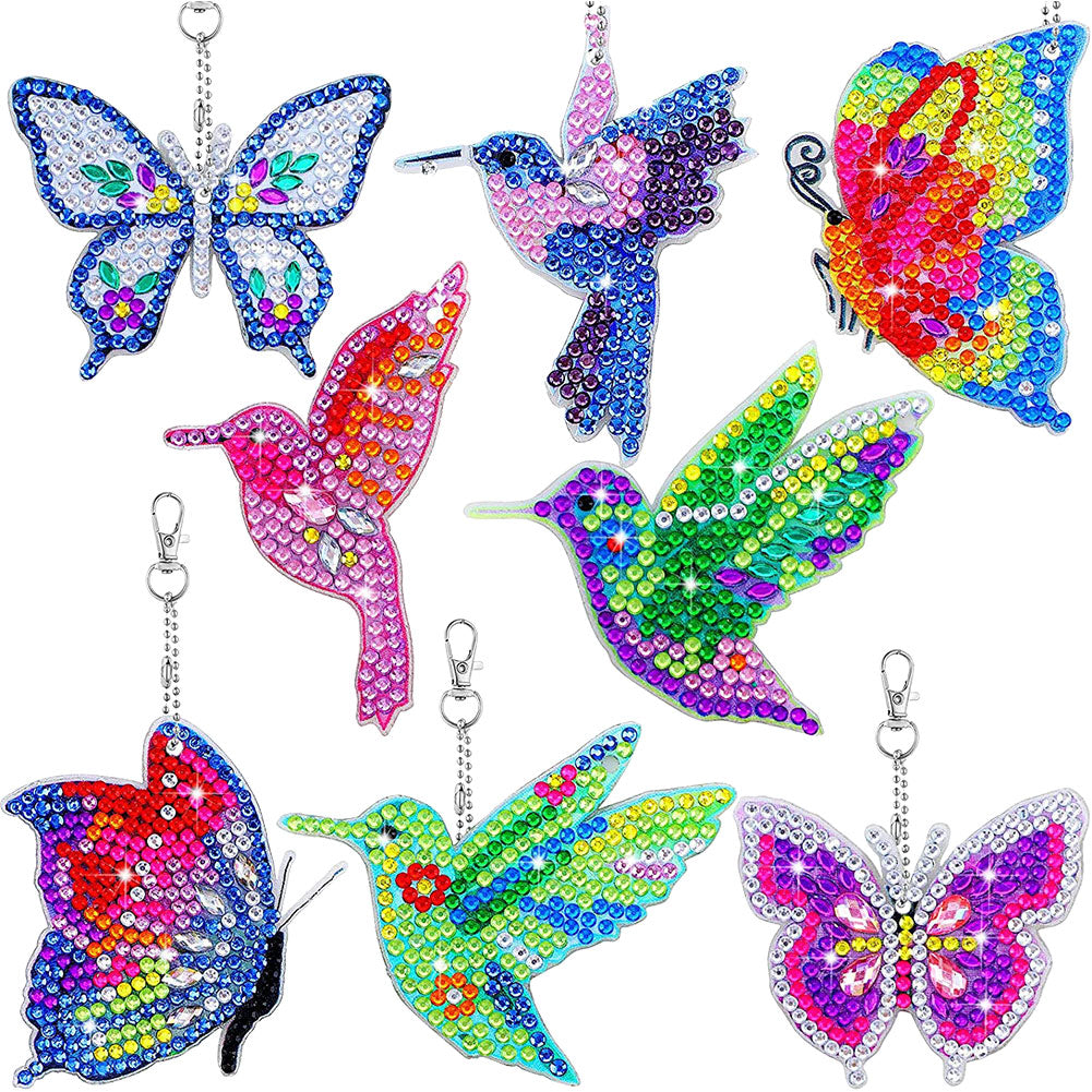 Porte-clés double face colibri et papillon 8 pièces